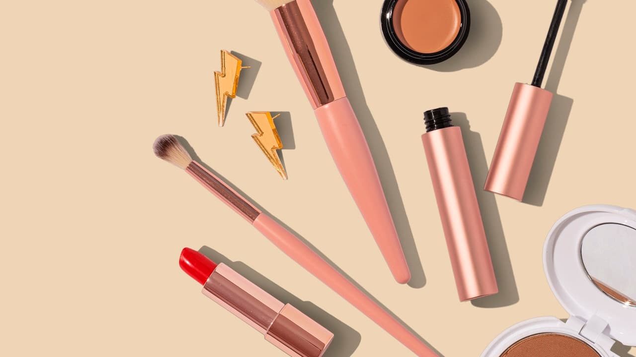 Beauty products arranged for a live shopping session