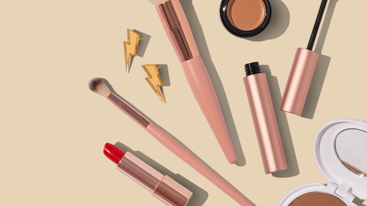 Beauty products arranged for a live shopping session